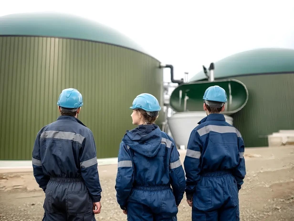Trois personnes face à des méthaniseurs